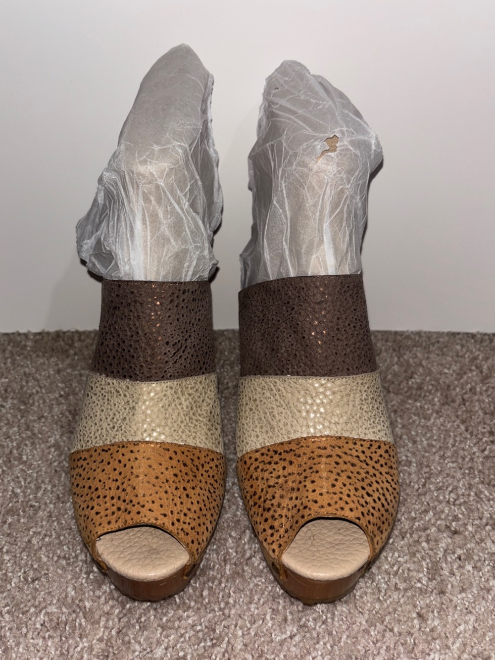 Tri-Tone Peep-Toe Wedge Heels in Brown, Cream & Tan